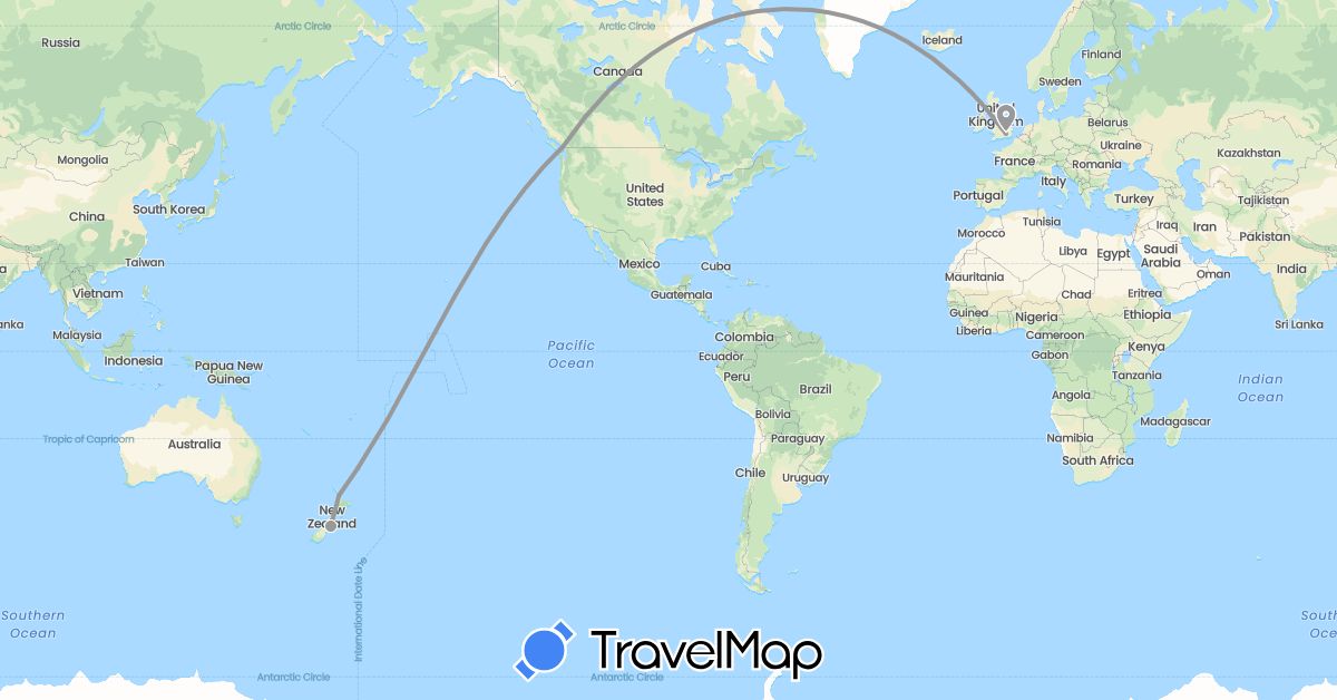 TravelMap itinerary: driving, plane in Canada, United Kingdom, New Zealand (Europe, North America, Oceania)